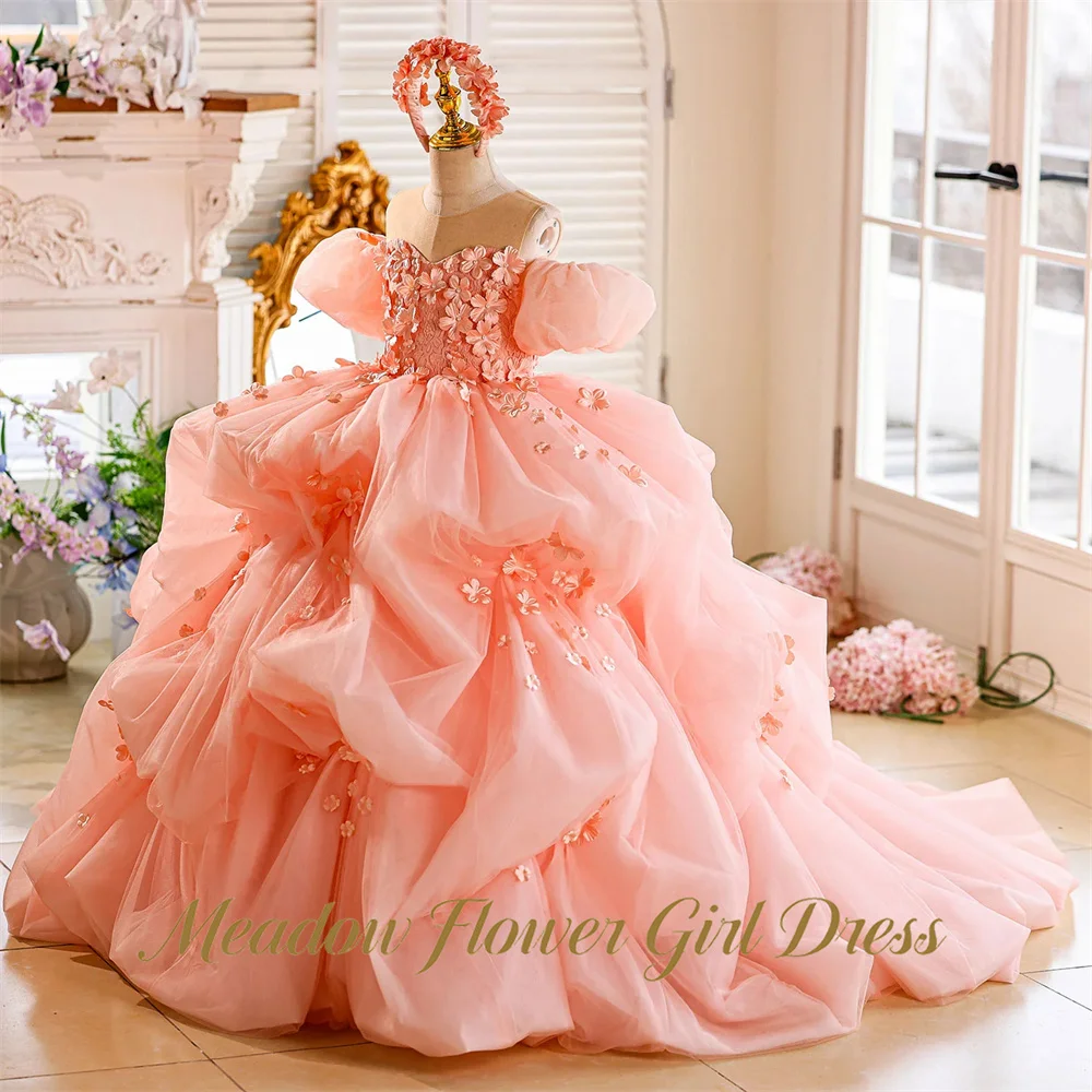 Meadow Pink Organza Flower Girl Dress with 3D Flowers Princess Girls Dresses Floor Length A Line Kids Birthday Party Dresses