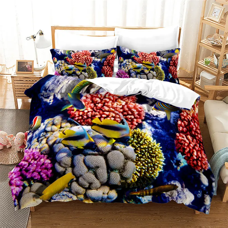 Cartoon Ocean Fish Duvet Cover Microfiber Marine Theme Bedding Set Sea Underwater World Quilt Cover Queen For Boys Girls