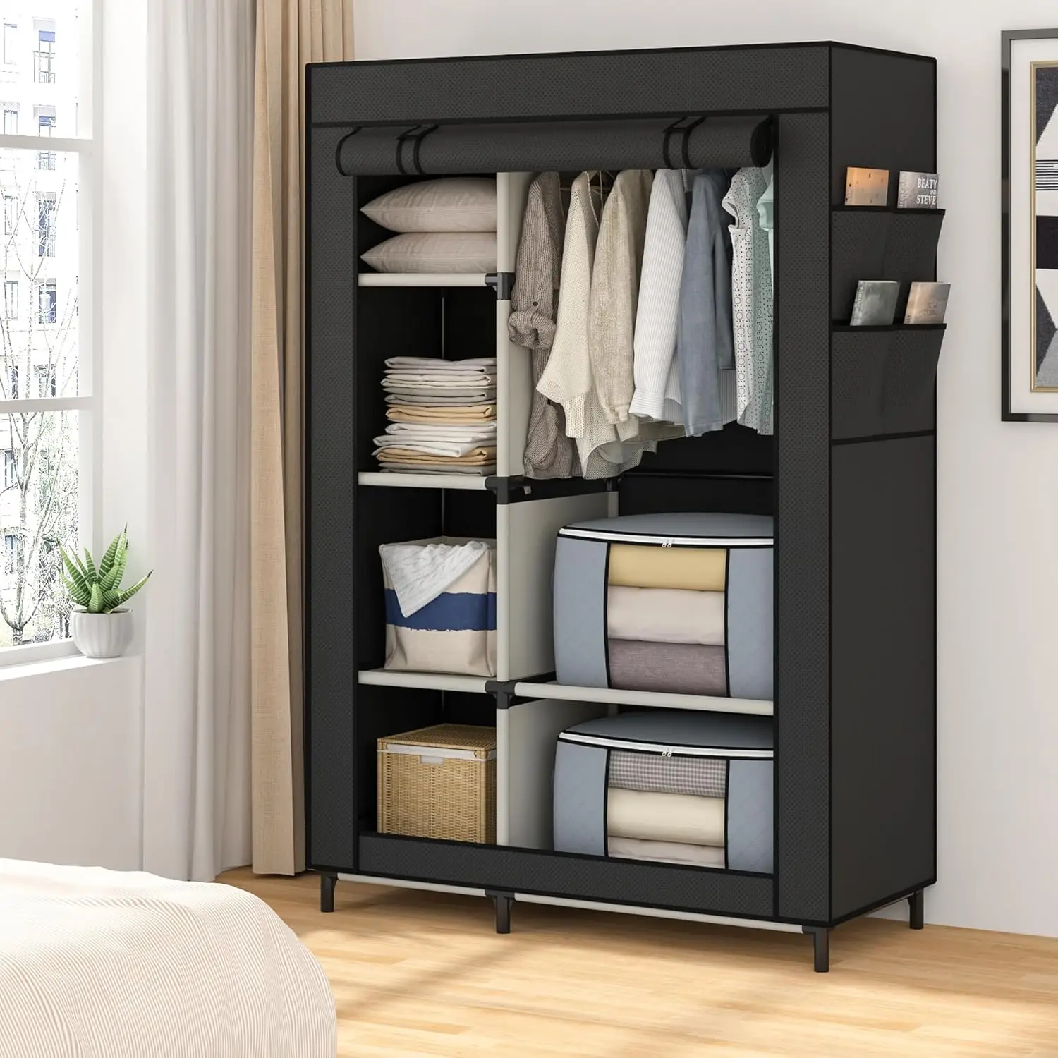 Wardrobe with 6 Shelves and Hanging Rod Storage Organizer NonWoven Fabric Cover with 4 Side Pockets includes 2 StorageBags Black image 3