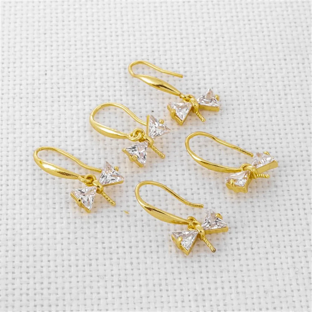 18K Gold Inlaid Zircon Bow with Needle, Ear Hook, DIY Jewelry Accessories, Earrings Accessories