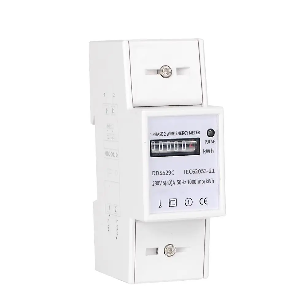 

DDS529C1 Single Phase 2-Wire Digital Electric Energy Counter AC 230V 5-80A Analog Watt Meter 35mm DIN Rail Mounting