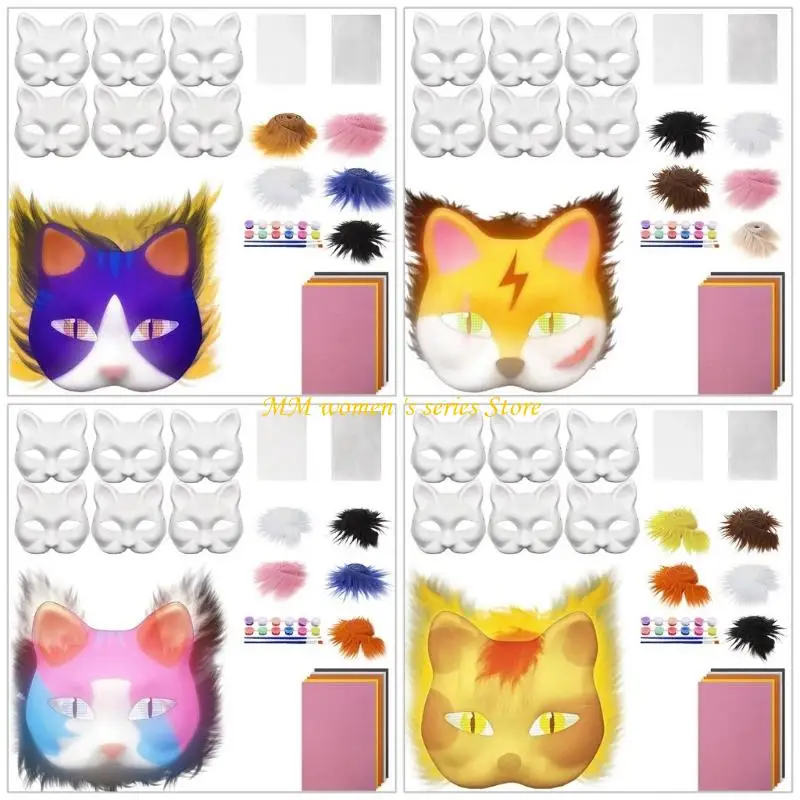 

Q39C Cats Foxes Mask with Furs Eye Mesh Felts Sheet Therians Dressing Up Mask to Paint for Halloween Masquerades Cosplay Party