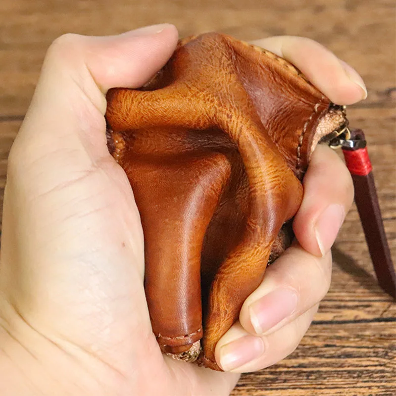 Мини-сумка на молнии из воловьей кожи, кошелек из натуральной кожи, ретро-сумка ручной работы, состаренная квадратная сумка для монет, чехол для наушников, часов, карты