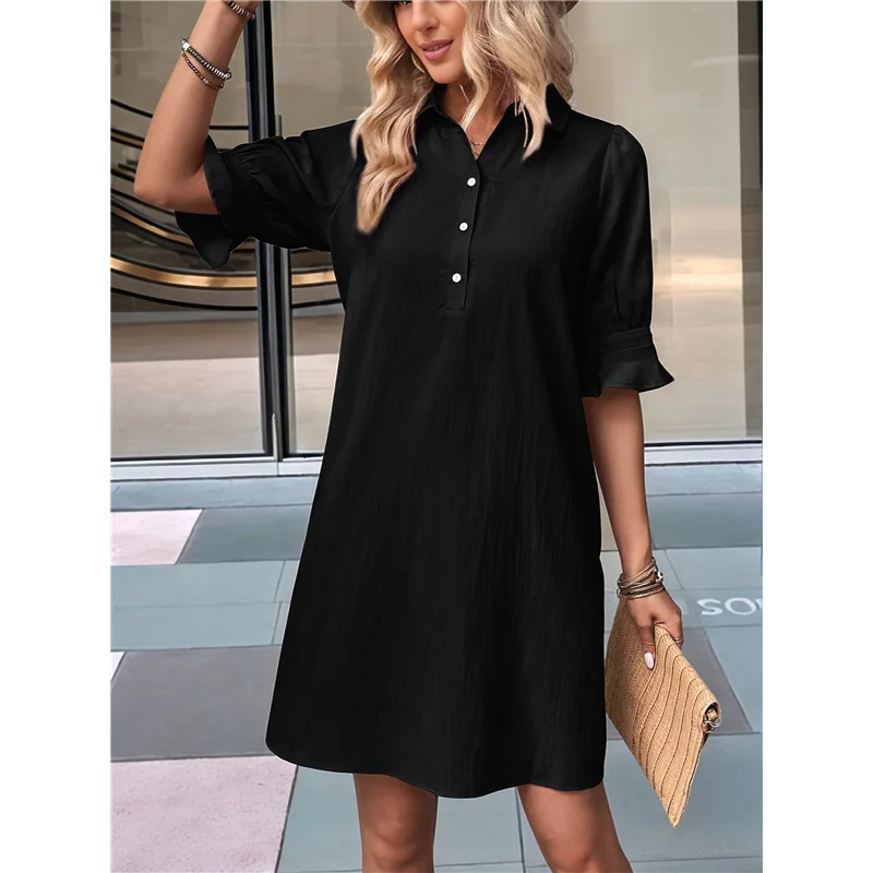 CYL-Womens Casual Shirt Dress Ruffle Sleeve Button Down Shift Summer Dresses With Pockets