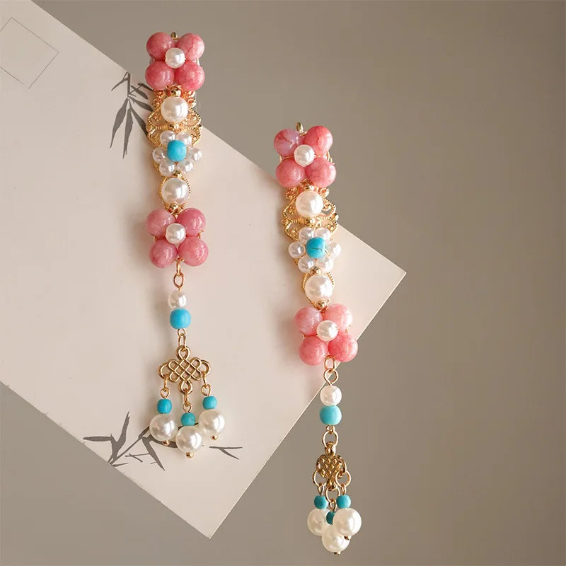 

2PCS Traditional Chinese Style Hair Clips Floral Hairpin Tassel Side Clips Alloy Headpieces Headwear Hanfu Hair Accessories