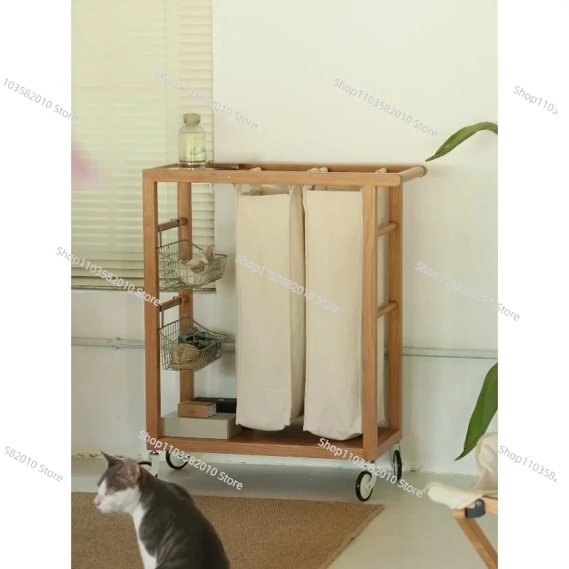 Solid Wood Movable Laundry Cart, Bathroom Toilet Sorting Dirty Clothes Basket with Wheels