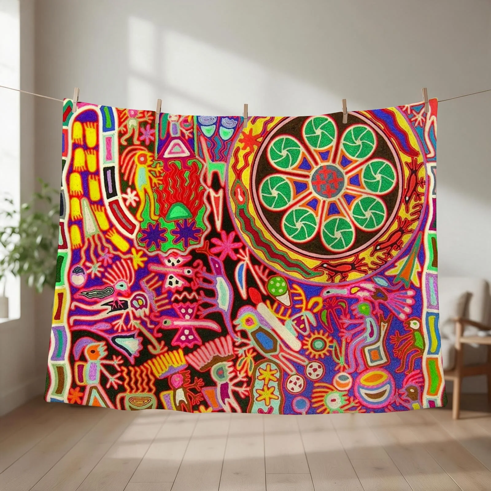 Mexican Colorful Huichol | Mexican Blanket Design | Large Cozy King Size | Vintage Folk Art - Throw Blanket