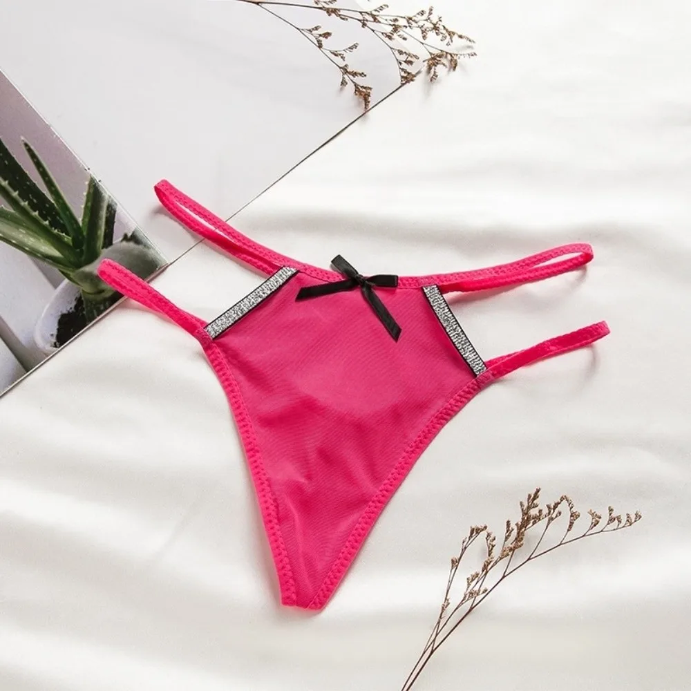 Sweet Mesh Women Bowknot Thongs Glitter Strip Low Waist Bikini Briefs Underpants Solid Color T-back Panties Daily Wear