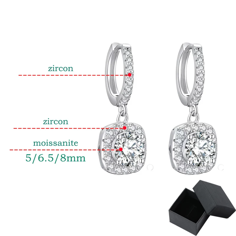 Smyoue D Color 6.5mm Vvs Moissanite Drop Earring Luxury Square Women\'s Wedding Jewelry S925 Silver Sparkling Simulated Diamond