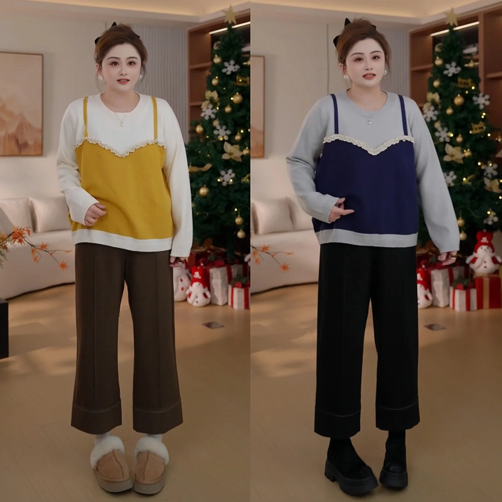 

plus Size Women's round Ne Sweater Color Blo Faux Two-Piece Winter Knitwear Warm Fluffy Long Sve Casual Faion