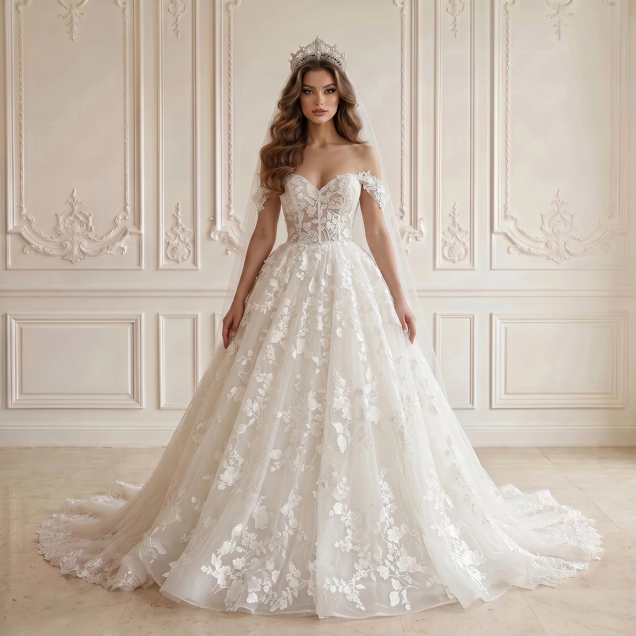 Off Shoulder Sweetheart Ball Gown Wedding Dress 3D Floral Lace Corset Back Scalloped Chapel Train Bridal Gown