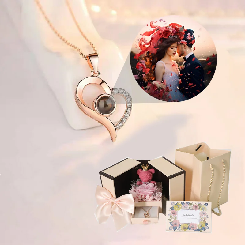 

Custom Color Photo Projection Heart Pendant Necklace With Cute Bear Rose Gift Box For Women Festival Christmas Gift Jewelry