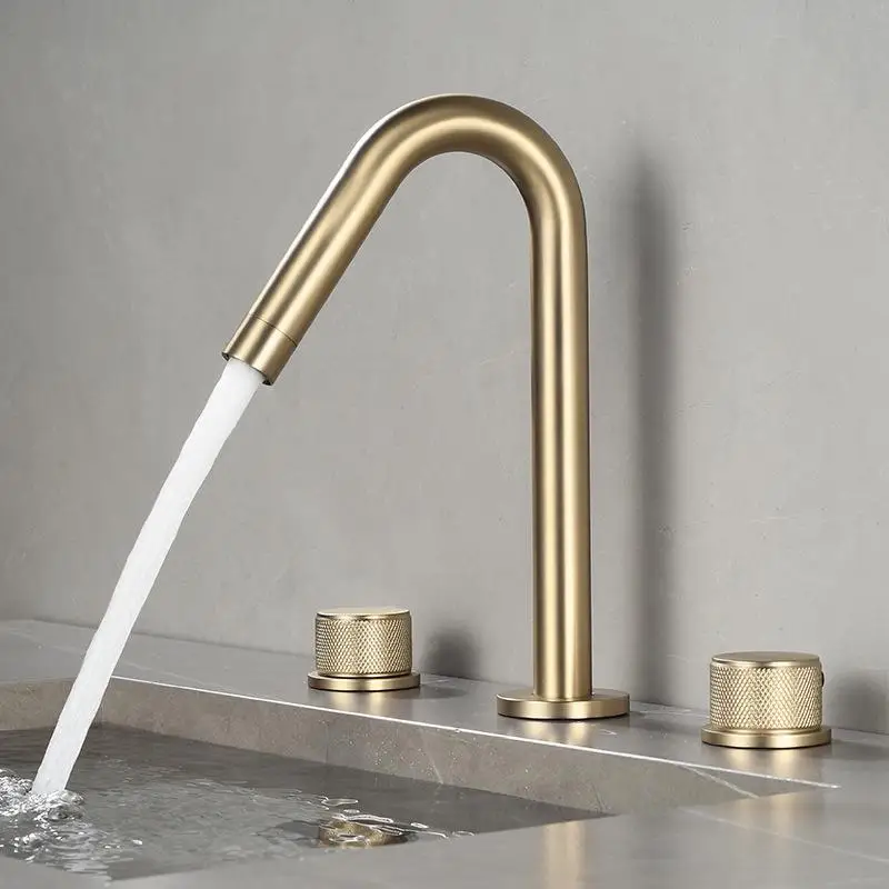 

Brushed Gold Basin Faucet Hot And Cold Tap Bathroom Knurling Design 2 Handle 3 Holes Desk Mounted Sink Mixer 360° Rotation Spout