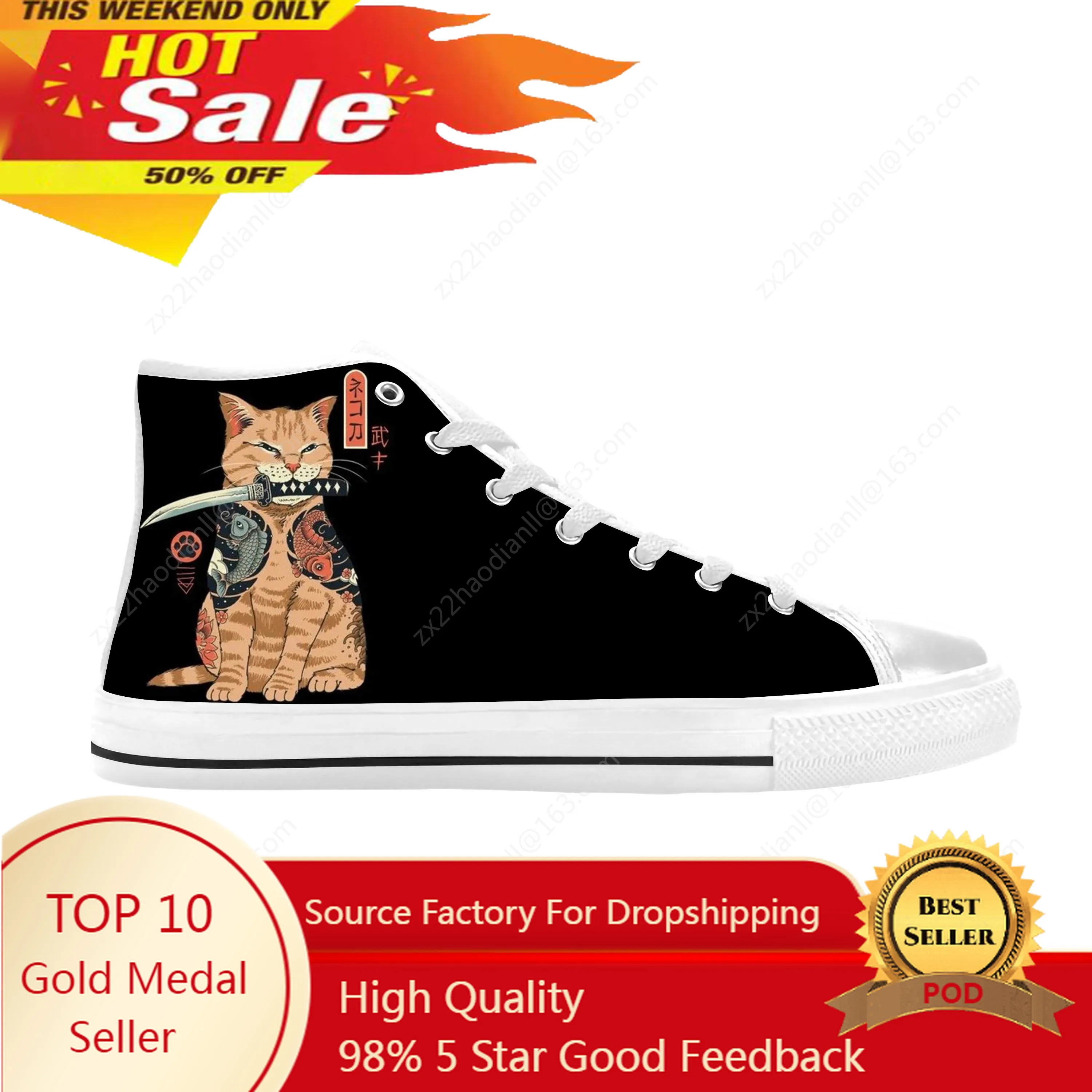 Japanese Animal Samurai Cat Warrior Ninja Anime Casual Cloth Shoes High Top Comfortable Breathable 3D Print Men Women Sneakers