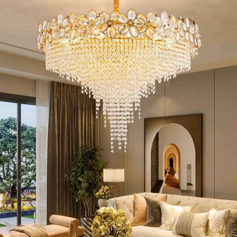 European Flower Gold Crystal Fringes Suspension Chandelier for Living Room Dining Room Ceiling Pendant Lighting Fixtures Lustre