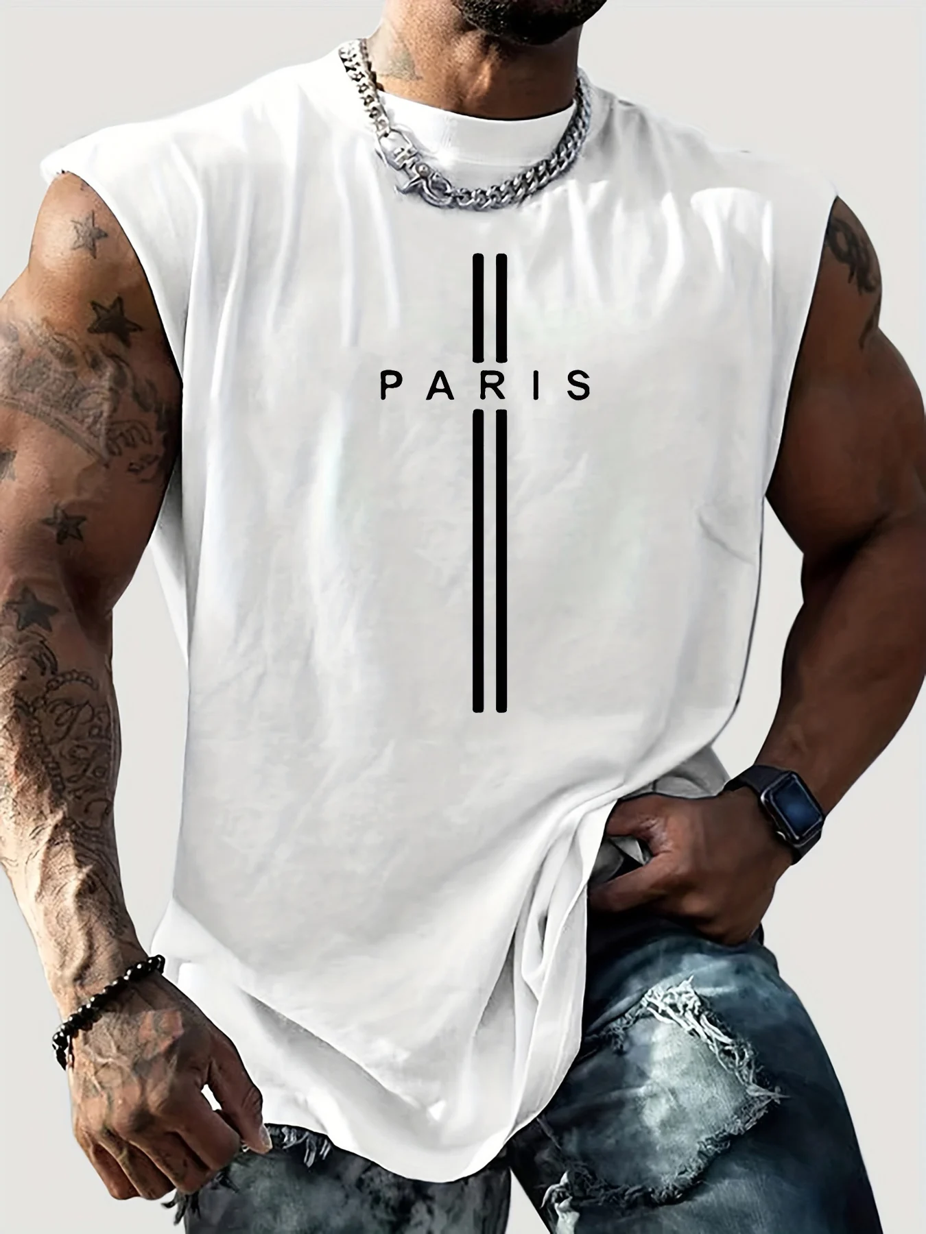 Canotta estiva da uomo per il tempo libero, sport, fitness, ampia, con motivo a lettere di Parigi, stampata, comoda e traspirante, girocollo, senza maniche