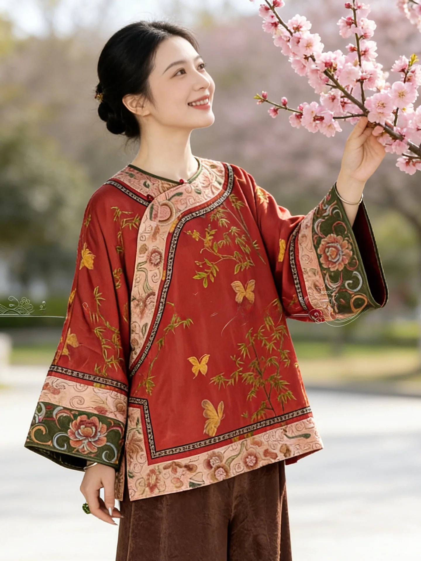 

Ele round Ne Chinese Sle Embroidered Jaet Loose Comfortable Women's Top Slanted Flap Buttoned Outerwear Spring Faion