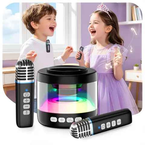 Mini Karaoke Machine for Kids with 2 Wireless Microphones Portable Bluetooth Karaoke Speaker, Magnetic Phone Stand for Girls Boy