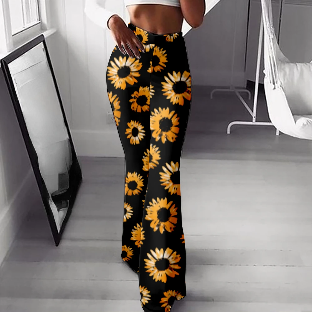 Spring Summer Sunflower Flared Women Pants Streetwear Women Yoga Pants Casual Stylish Trousers Y2K Pantalon Soft Capris Elegant