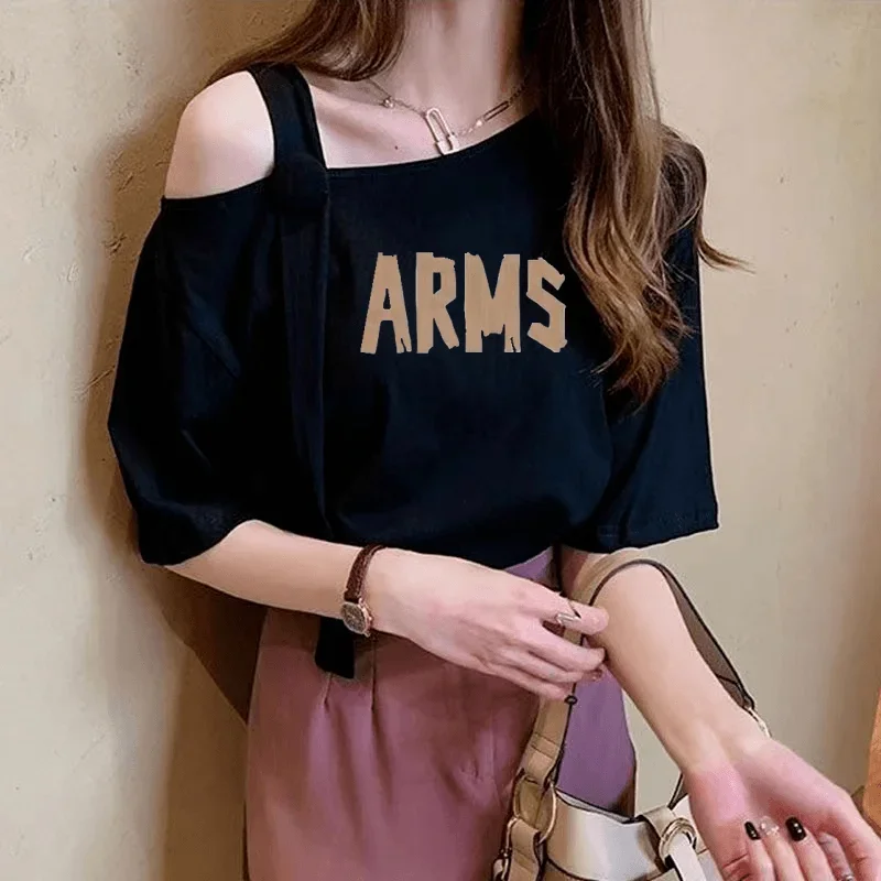 

DAYIFUN Cotton Off Shoulder T-shirt Women 2024 Summer New Letter Printing Loose Tshirts Korean Hollow Out Design Sense Tops Tees