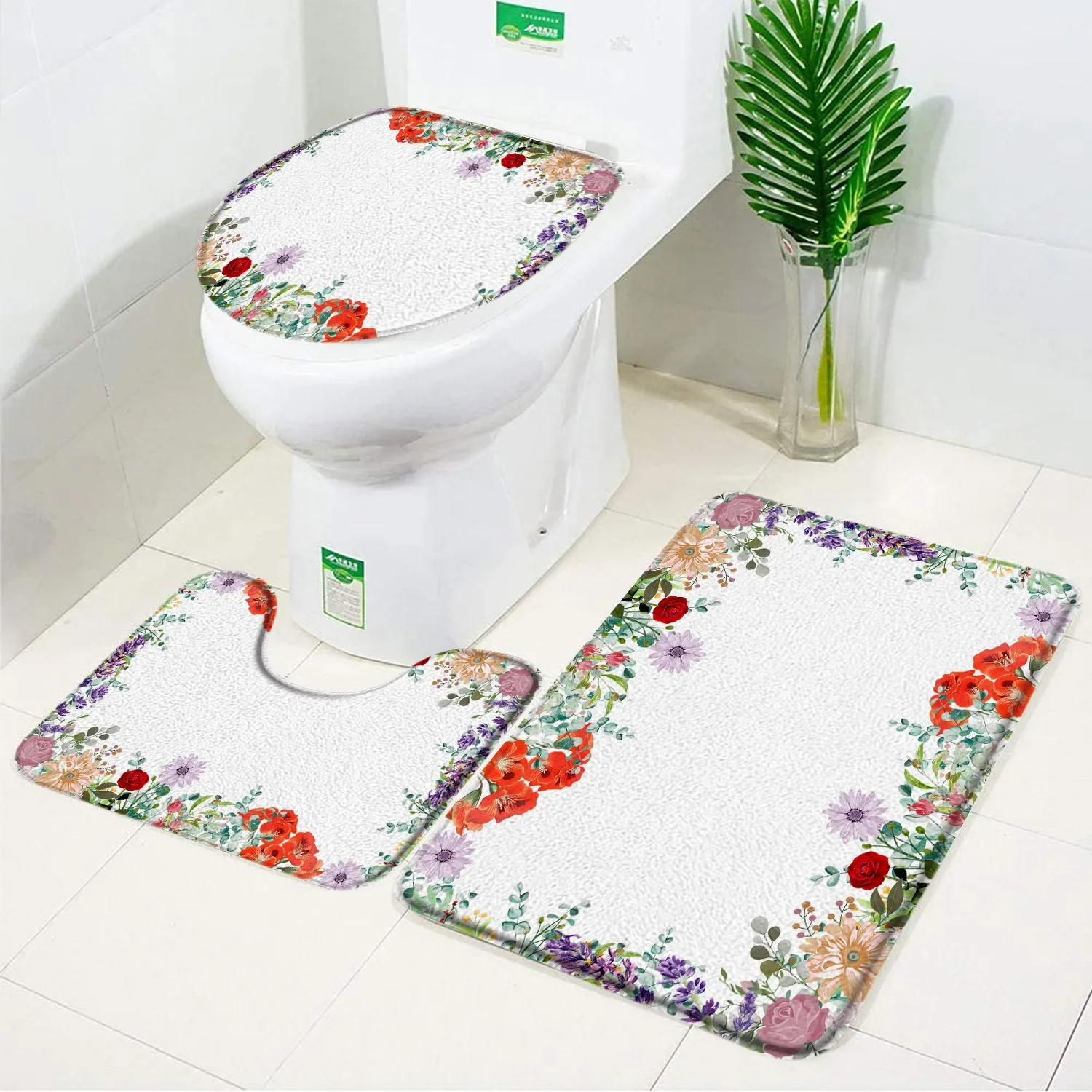 Floral Bath Mat Set Colourful Flowers Bathroom Decoraction Anti Slip Bathroom Rugs and Mat Set Floor Carpet Toilet Lid Cover