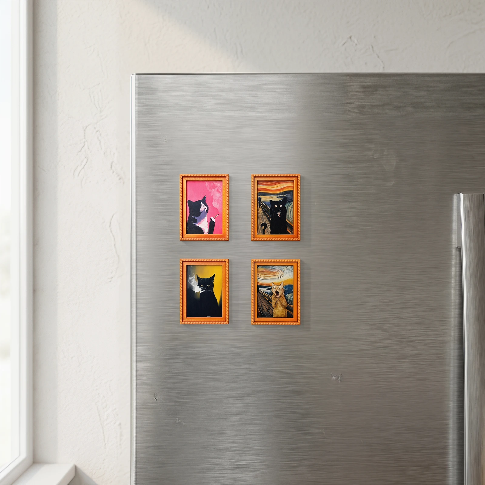 Mini Cat Masterpiece Fridge Magnets Pack of 4, Famous Art Parody Decor, Creative Kitchen Home Decoration