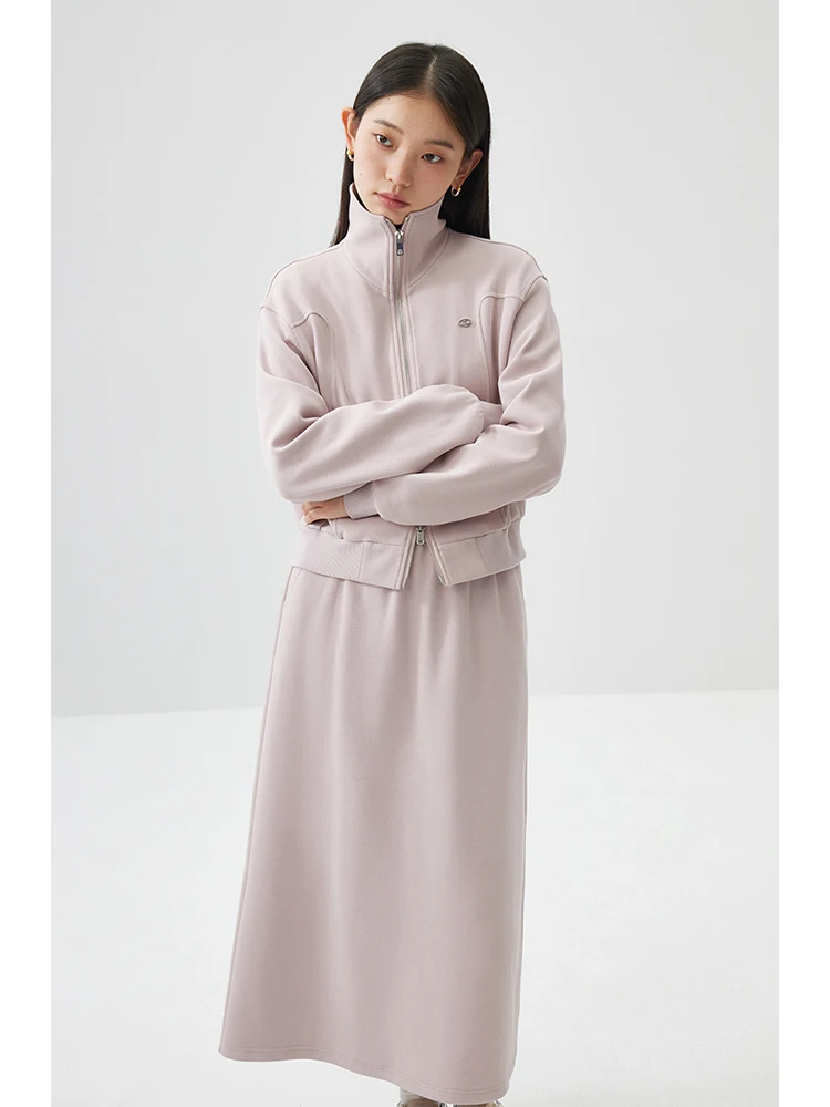 ZIQIAO Cozy Style Double Zipper Casual Pink Sweatshirt Suit for Women Spring 2024 New Long Skirt Two-piece Set Female 24ZQ91102