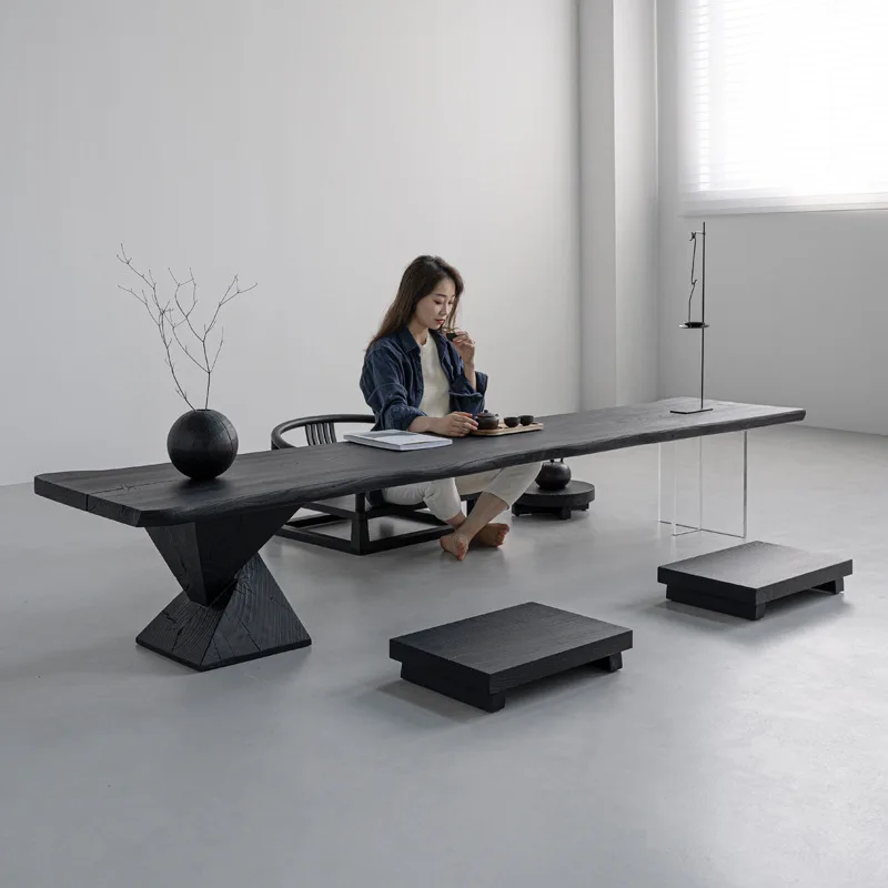Wabi Sand wind carbonized ash wood solid wood coffee table Japanese tea table living room balcony small table tatami long