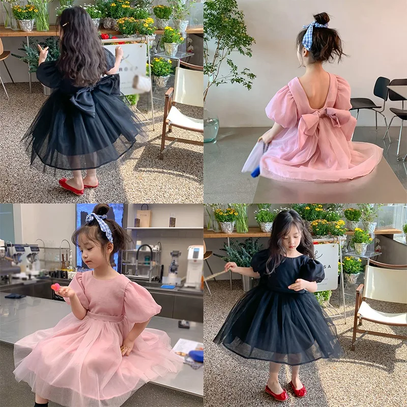 Summer New Baby Dress Girls Big Bow Mesh Splicing Brocade Backless Dress  Girls Sweet Princess Bubble Sleeve Tutu Dress