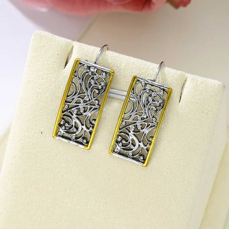 Vintage Silver Hollowed Out Patterned Gold Color Rimmed Earrings Women's Unique Charm Jewelry Holiday Party Accessories Gifts - view 5