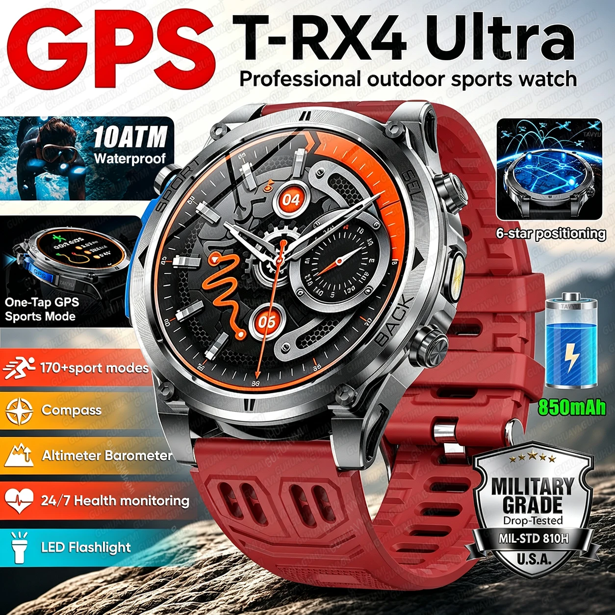 2026 New T-RX4 Ultra GPS Smart Watch Dual Band GPS 170+Sports Flashlight 10ATM Waterproof 850mAh Battery Men Military Smartwatch