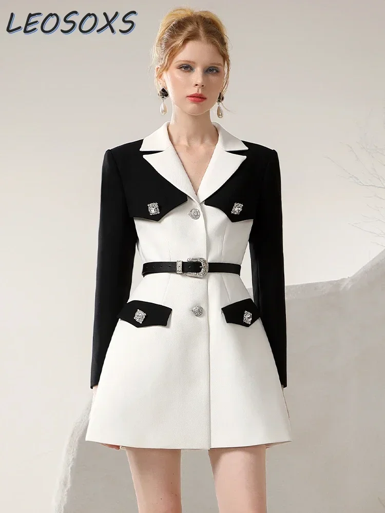 

Elegant Lady Suit Dress Autumn and Winter New Black and White Color Matching Niche Design Suit Blazer Dress Waist-Tight Dresses