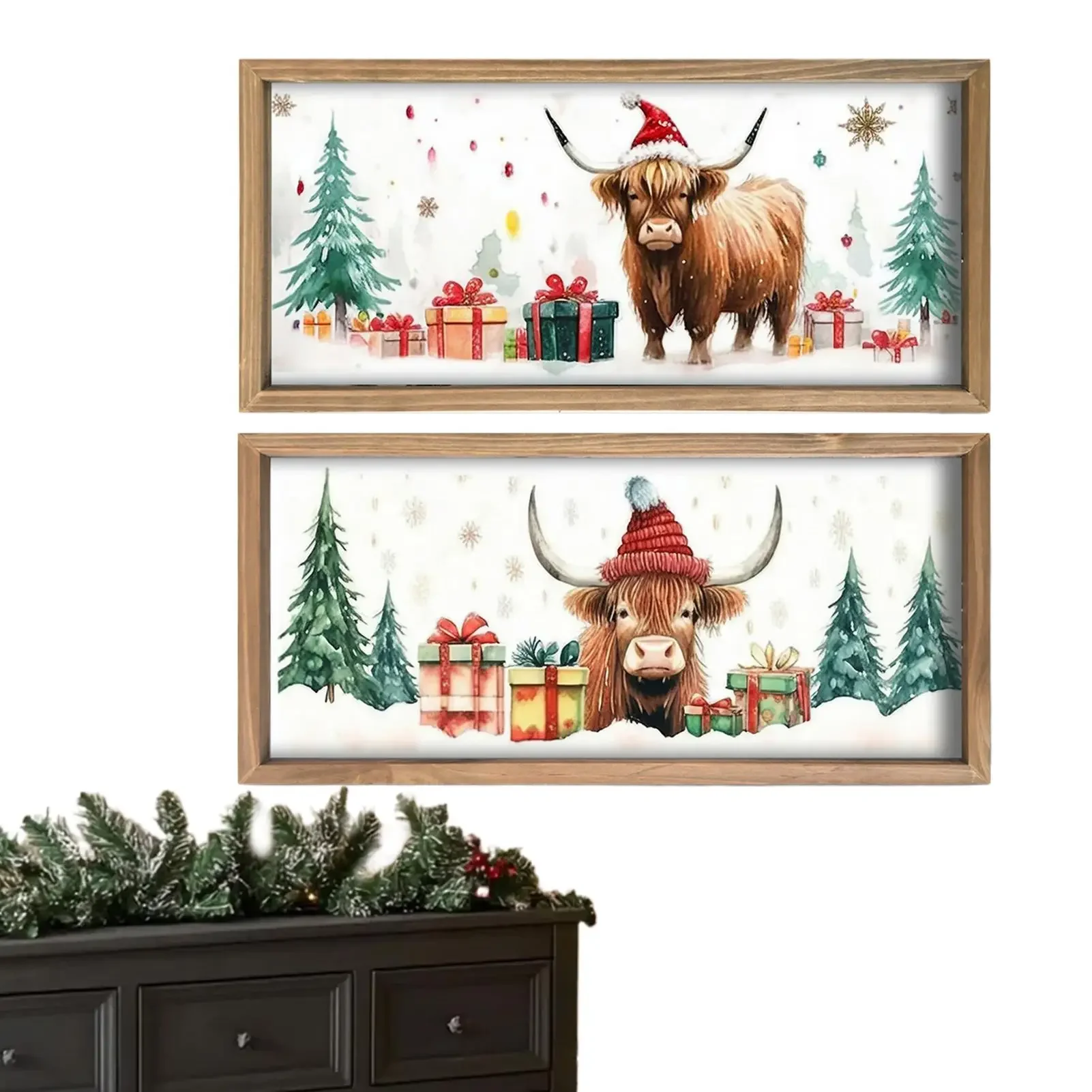2PCS Christmas Highland Cow Picture Farmhouse Wall Decoration Rustic Wood Print Cow Art Wall Decor Christmas Decoration
