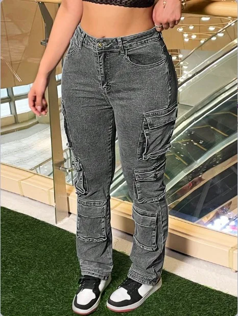 جديد منخفض الخصر غسلها الرجعية المتعثرة متعدد جيب تصميم ملابس العمل نمط الجينز للنساء الاتجاه عادية سليم صالح الجينز