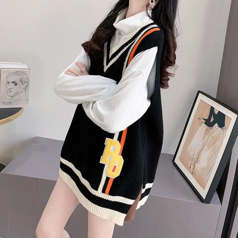 Lady Sweaters V-Neck Black Color Matching Waistcoat Long Pullover Knit Vests for Women on Offer Korean Style Clothing Casual Y2k