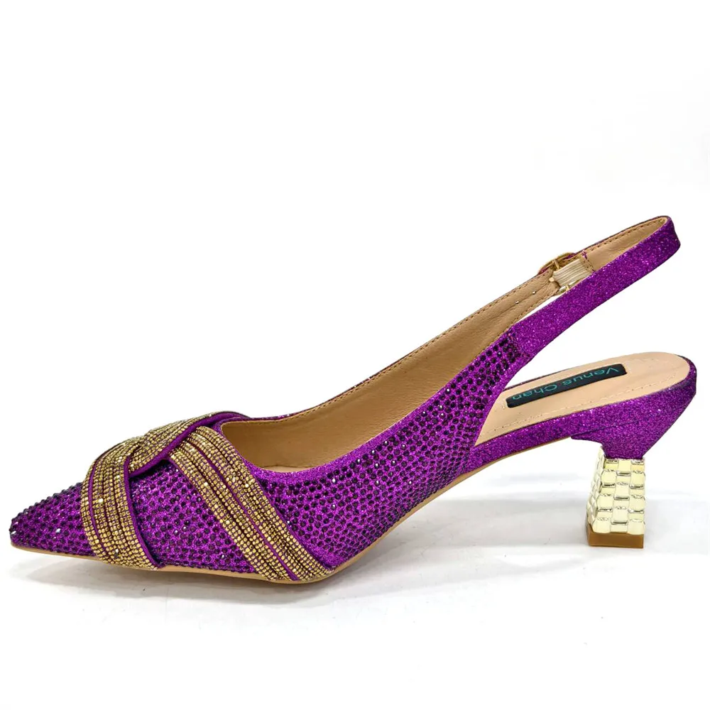 Nigerian Women Heel Party Ladies Italian Design Purple Shoes And Bag Set Decorated with Rhinestone Handbag Wedding Party