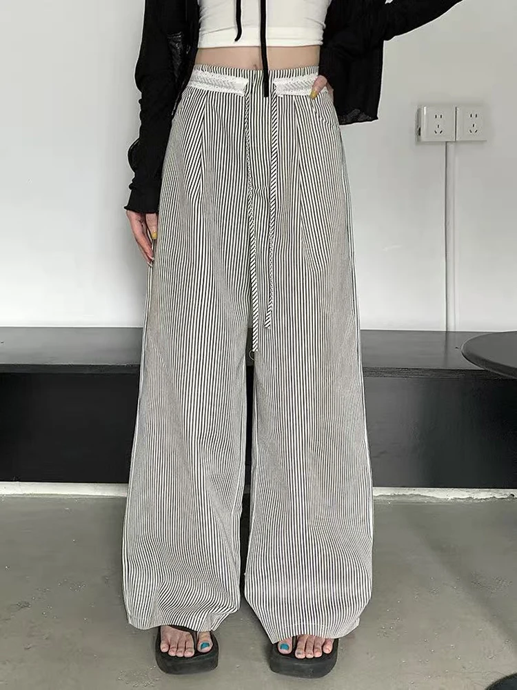 Lace Patchwork Striped Wide Leg Pants Women Summer Loose Streetwear Casual Pants Y2K Fashion All Match Preppy Straight Trousers