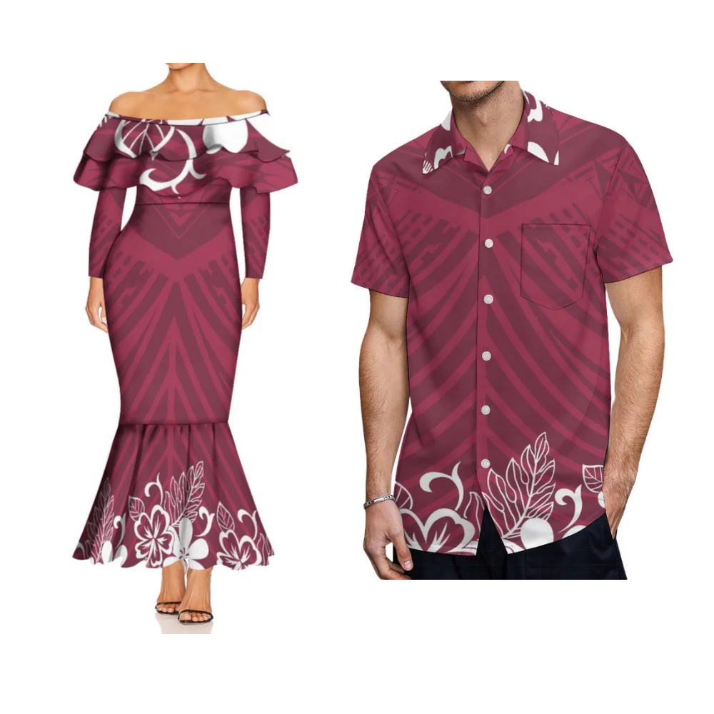 Verão polinésia padrão personalizado de um ombro dupla camada babados manga comprida vestido rabo de peixe fino de alta qualidade