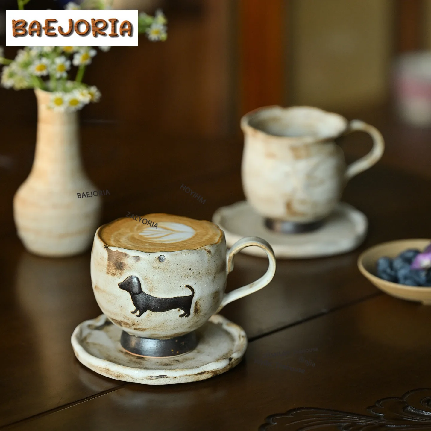 BAEJORIA 250ml Wabi-sabi Relief Puppy Coffee Mug With Plate Oatmeal Breakfast Mug Afternoon Tea Mug Cup Saucer Kit Tea Items