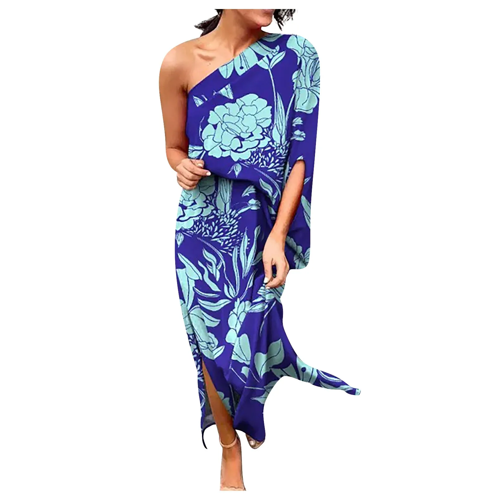 Women'S One Shoulder Dress Sexy Slit Hem Floral Printed Fitting Dress Fashion Trend Southeast Asian Resort Style Casual Dress