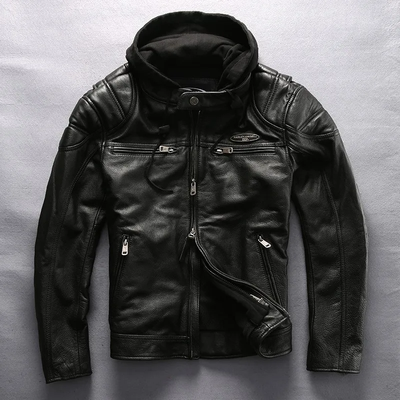 Top-grain yellow cowhide leather men's motorcycle detachable hooded