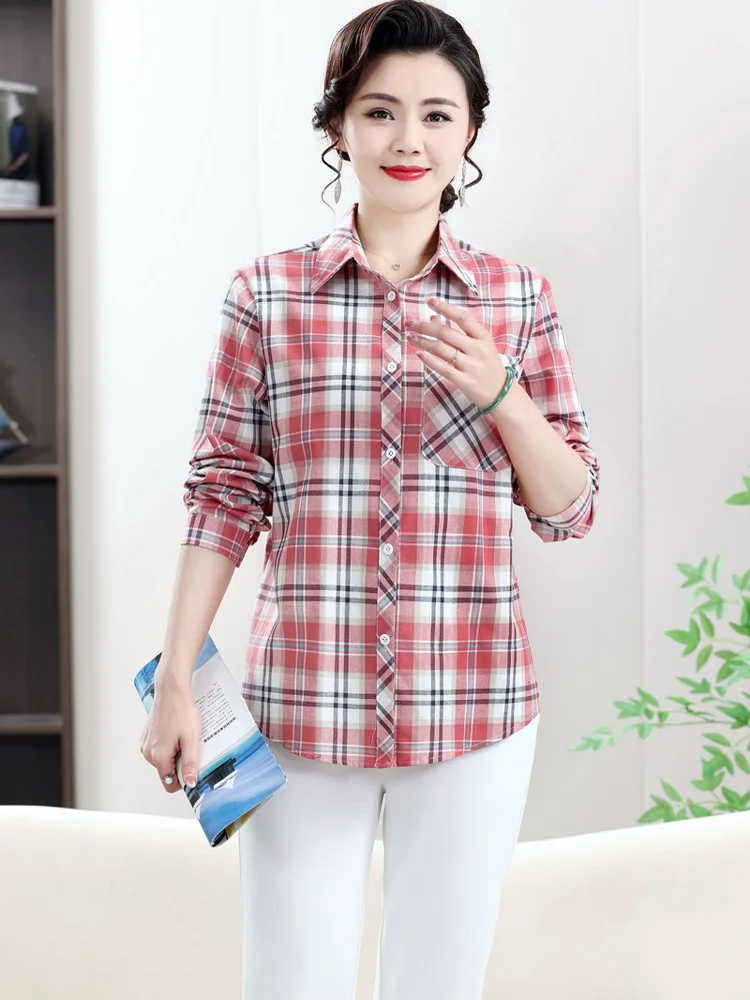 

Повседневный Sle Long Sve Cotton irt для мамы, осень-весна, новый клетчатый женский модный топ, свободный крой с воротником, тонкий мате...