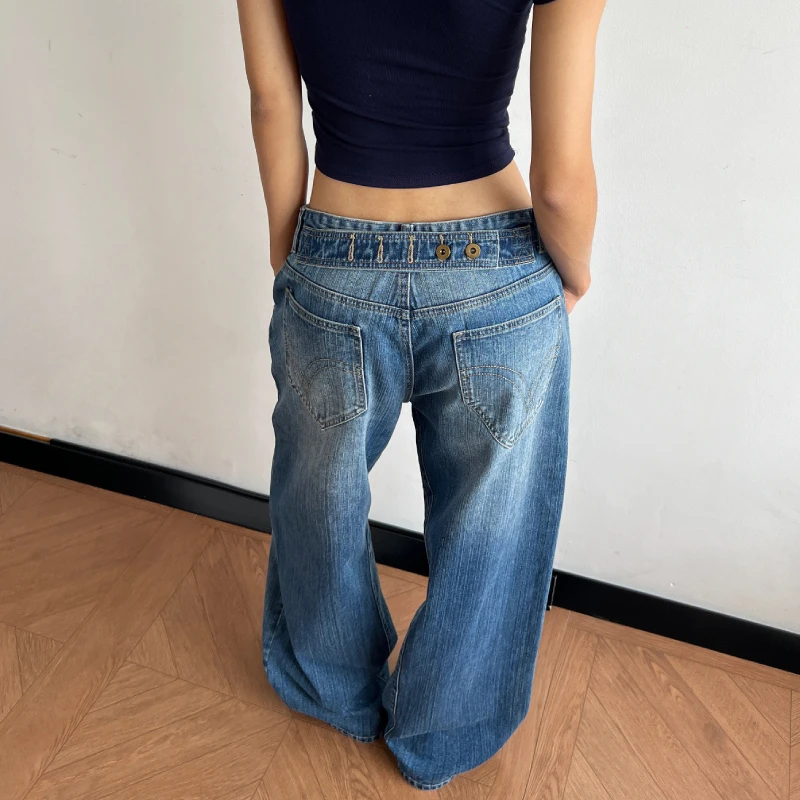 

Vintage Washed Blue Wide Leg Jeans Women Straight Baggy Y2K Retro Distressed Denim Pants Casual Streetwear Trousers with Pockets