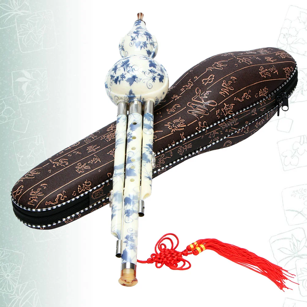 Blue and White Porcelain Gourd Silk Chinese Instrument Aldult Cucurbit Flute Synthetic Ethnic Musical Traditional