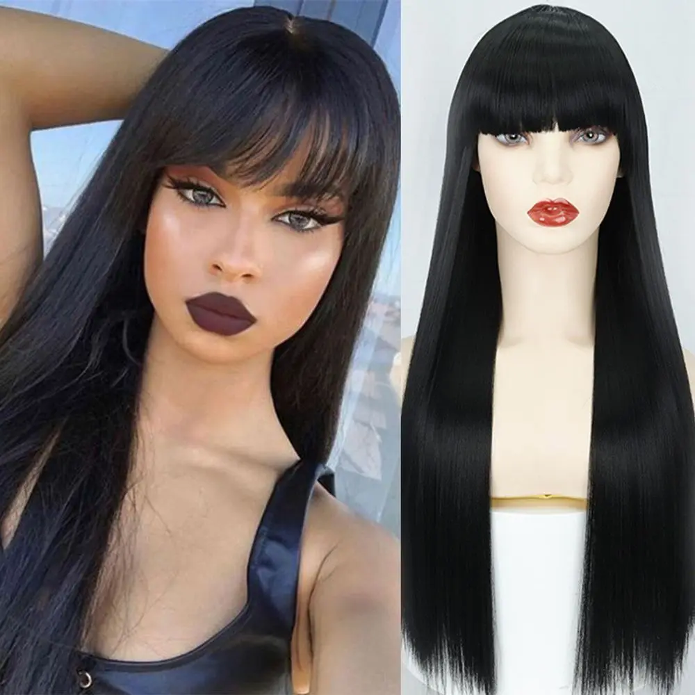 Wig Women's afro Full Bangs Black Long Straight Hair High Temperature Fiber Synthetic Wigs Pelucas Hair Daily Party Use