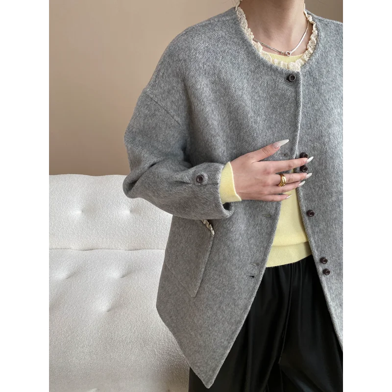 French Lace Round-neck Wool Blended Double-sided Tweed Coat Women Fashion Simple Sweet Long-sleeved Warm Autumn Winter Lady Coat
