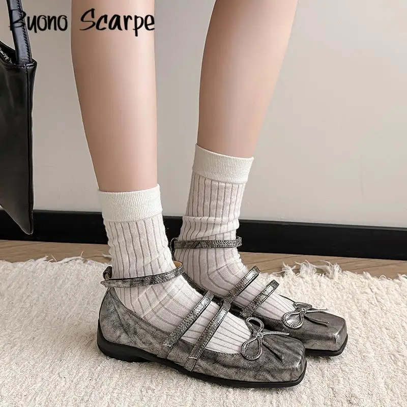 

Mary Janes Square Toe Low Heels Flats Butterfly Knot Women Pumps Solid Color Hook Loop Genuine Leather New Fashion Casual Shoes