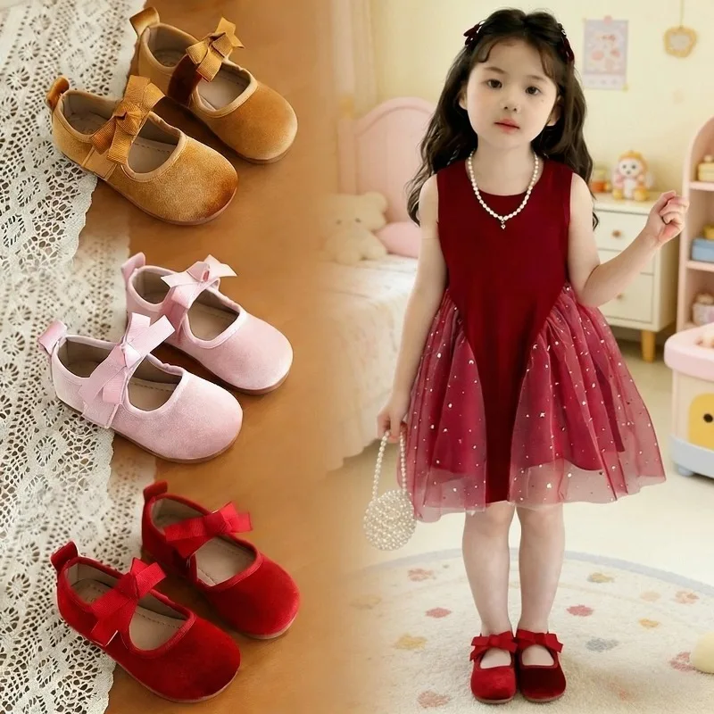 Concise Wide Elastic Band Velvet Ballet Flats Girls Vintage Bow Plain Velour Mary Jane Shoes Baby Child Soft Sole Shallow Loafer