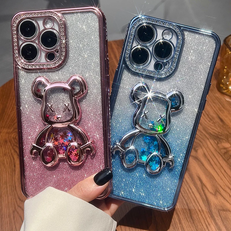 Glitter Teddy Bear Case with Lighting Luxury Fashion Cover For iPhone 17 ProMax Air 16 Pro 15 14 Plus 13 Pro Max 12 11 ProMax