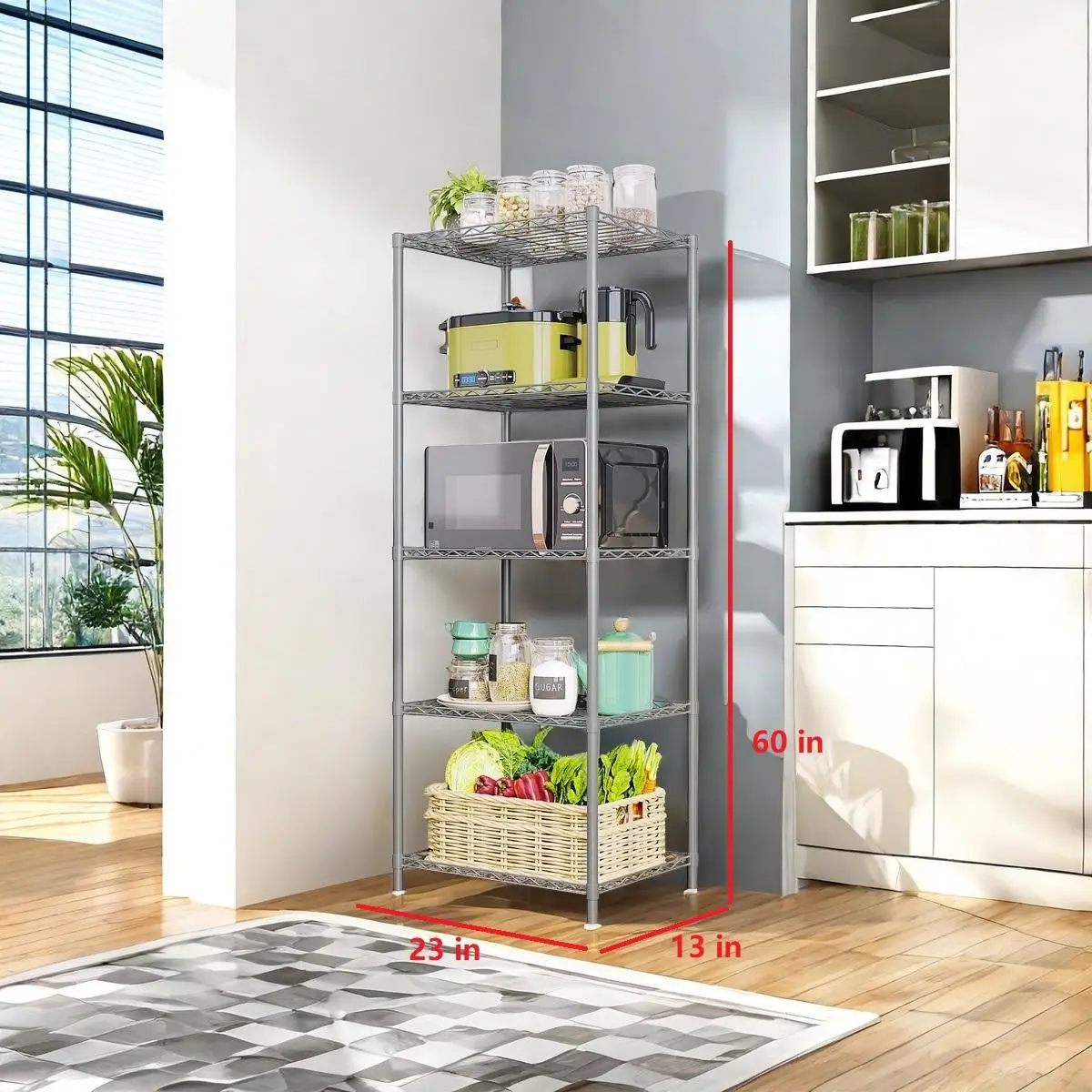 Adjustable 5-Tier Metal Shelving Unit Heavy Duty Iron Storage Rack Freestanding Organizer Shelves Space Saver for Garage Kitchen Pantry Laundry Bathroom Office Utility Room 60x23x13 Inch